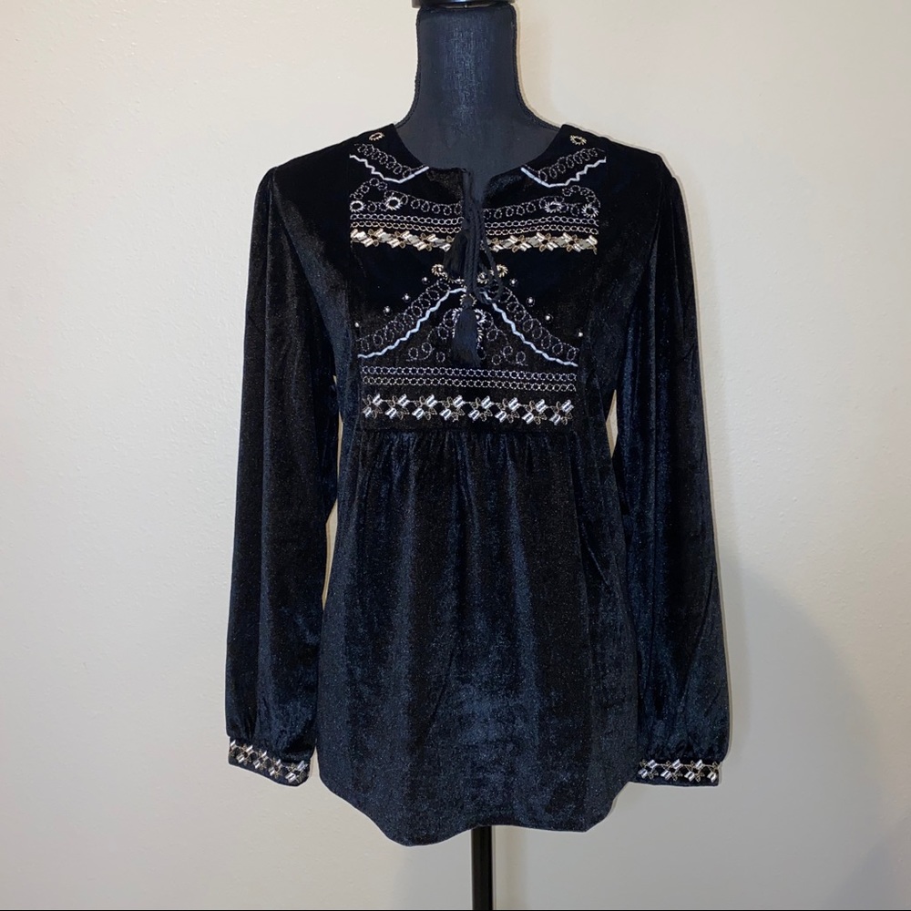 Embroidered Black Velvet Top